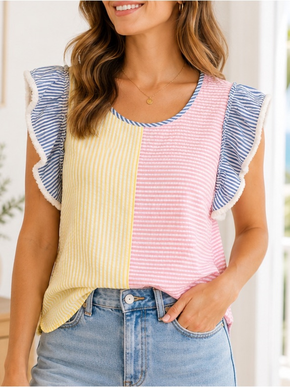 THML Seersucker Colorblock Flutter Sleeve Top Pink Yellow Blue Size Large